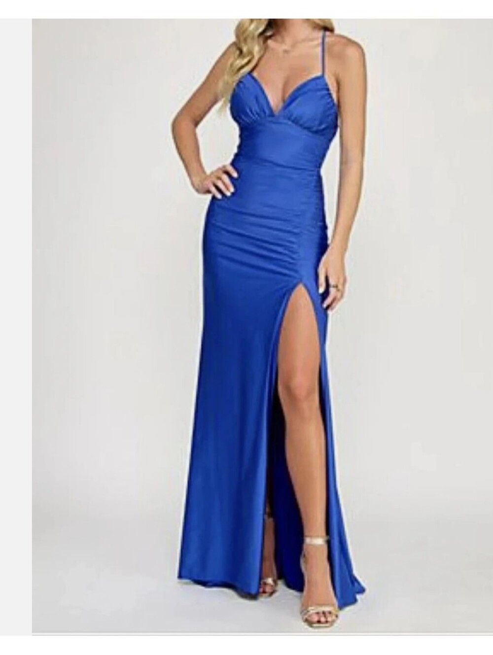 Royal Blue Spaghetti-Strap Prom Gown with Thigh Slit